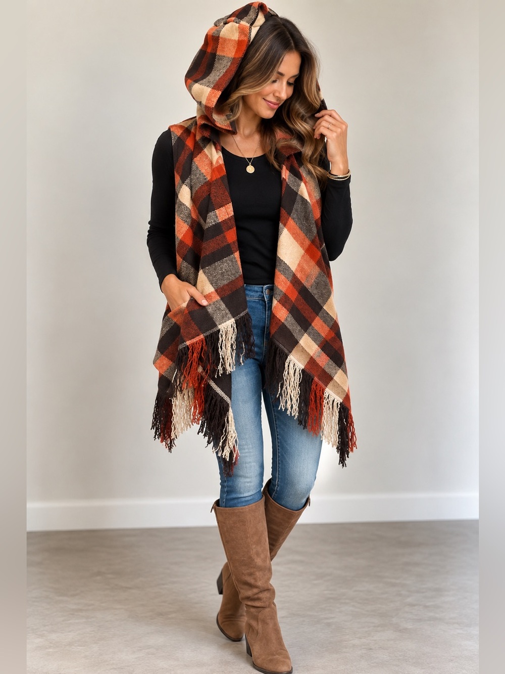 HYFVE Plaid Cascading Hooded Fringe Vest With Pockets Size M